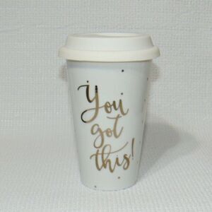 Mudpie You Got This Gold Polka Dot White Tumbler Ceramic Travel Mug 12oz Mud Pie